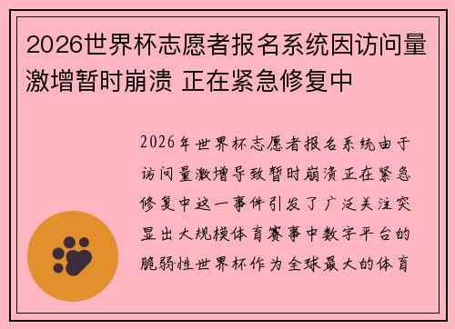 2026世界杯志愿者报名系统因访问量激增暂时崩溃 正在紧急修复中 2026世界杯志愿者报名系统因访问量激增暂时崩溃 正在紧急修复中